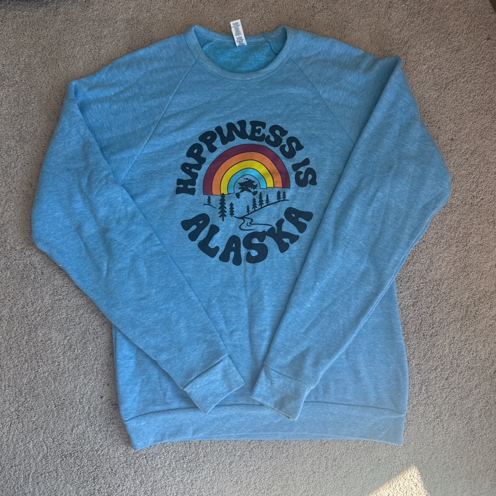 Powder Blue Crew Neck Sweater with Vintage Rainbow Design